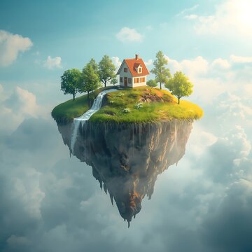 Fantasy floating island with a small house, trees, and a waterfall in the sky, surrounded by clouds and sunlight, dreamlike landscape, M Gico, Cen Rio, Explora O, Para So, Imagina O, Vis O