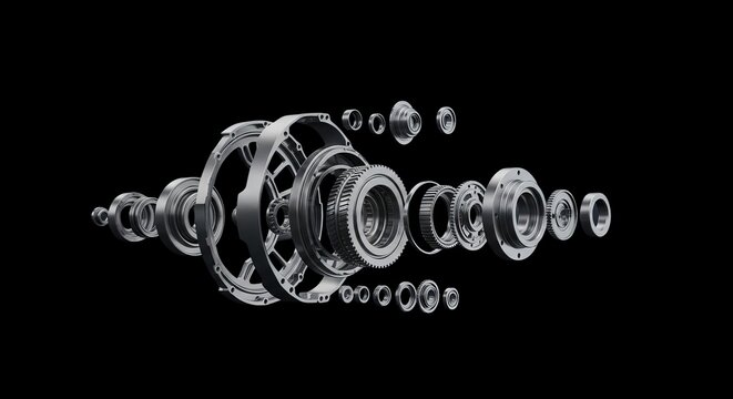 A disassembled mechanical component with gears and parts on transparent background
