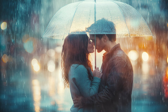 Casal em cena de beijo no meio da chuva