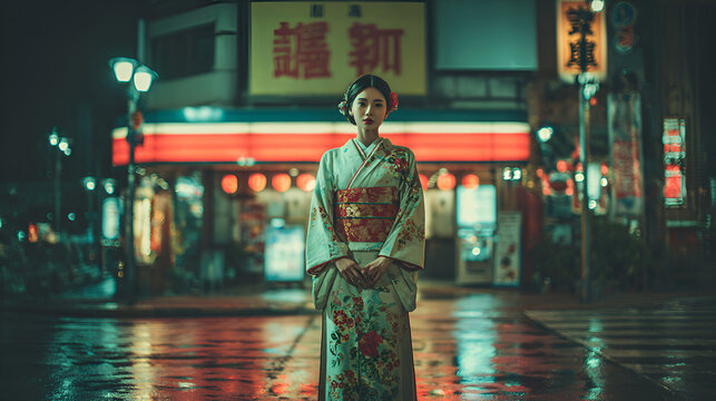 Jovem mulher tradicional  japonesa  em meio a cidade a noite 