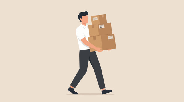 A man carrying a stack of three cardboard boxes, walking, in a flat illustration style.