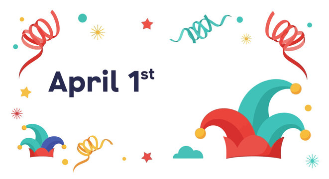 Colorful April Fools Day social media template with jester hats and ribbons on a white background for business celebrations