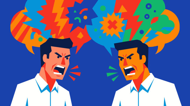 Two angry men shouting at each other with chaotic speech bubbles representing a heated argument or conflict.