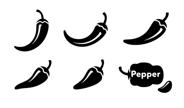 Hot chili paprika pepper silhouette food vector icon set
