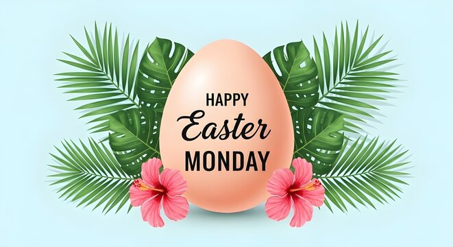 Easter monday greetings with easter egg and tropical leaves