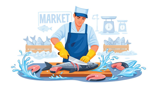 Fishmonger at Work: A skilled fishmonger expertly fillets a fresh fish on a wooden cutting board, surrounded by the sights and sounds of a bustling market environment.