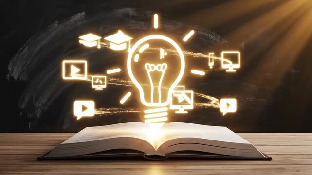Book opens revealing glowing lightbulb idea linked to online education and technology icons on a chalkboard background