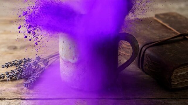 Purple powder explosion forming abstract vibrant pattern concept. Rustic ceramic mug with vibrant purple powder explosion and dried lavender on wooden table with vintage leather journal