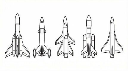 Fototapeta premium A minimalist lineup of five rocket designs, each with unique fins and boosters, drawn in monochrome line style.