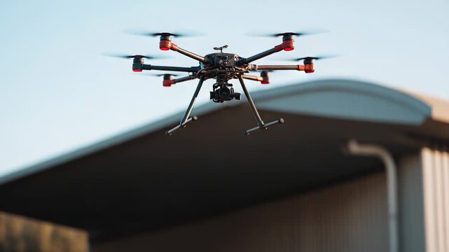 Industrial drone hovering above an outdoor warehouse, performing advanced surveillance and logistics operations using modern technology for efficient commercial delivery