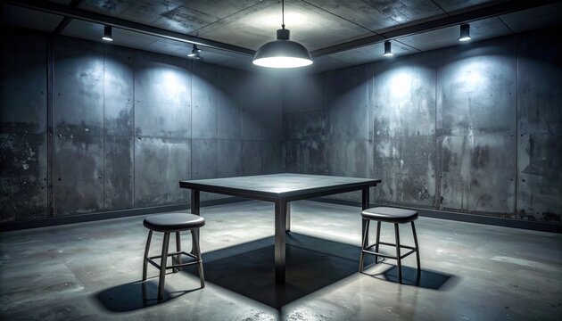 An empty, stark interrogation room with a table and chairs under a single overhead light.