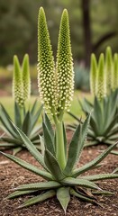 Fototapeta premium Striking Agave Plant with Tall, Spiked Flower Stalks in Bloom.