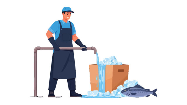 Fishmonger at Work: A diligent fishmonger carefully pours water over a box of ice and a fresh fish, ensuring the preservation of quality and freshness in the industry.