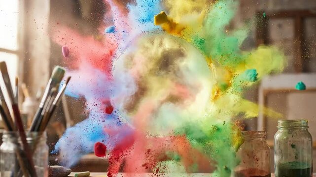 Purple powder explosion forming abstract vibrant pattern concept. Colorful paint powder explosion in art studio with brushes and jars capturing creative artistic energy