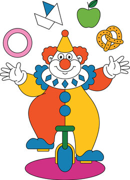 Funny circus clown juggling objects with bicycle colorful cartoon character for kids entertainment playful design isolated on white background, vector illustration