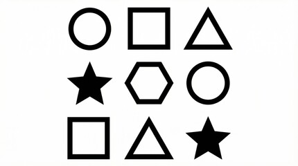 Obraz premium A minimalist grid of nine geometric shapes, including circle, square, triangle, star, and hexagon in black‑and‑white style.