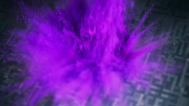 Purple powder explosion forming abstract vibrant pattern concept. Abstract digital art with vibrant purple particle explosion on dark geometric background for futuristic design