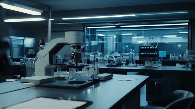 Modern high tech laboratory interior with microscopes, glassware and analytical instruments on sterile benches, ideal for medical, chemical and biotech research and development