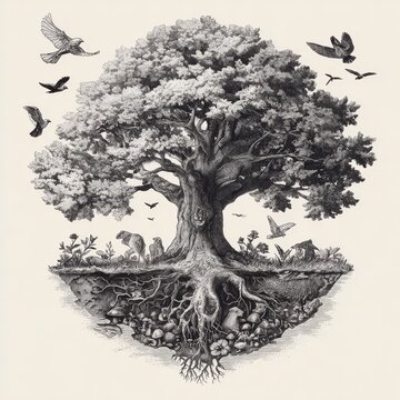 Intricate Hand-Drawn Illustration of a Tree of Life Showing a Complex Ecosystem With Animals and Plants in Black Ink on White Background