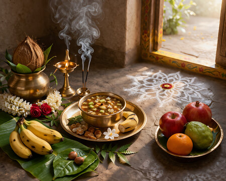 Traditional Hindu Festivals Pooja Image for Editorial Use with Diwali, Dussehra, Holi, Navratri, Ganesh Chaturthi, Karwa Chauth, Janmashtami, Pongal, Ugadi, Tamil New Year Puthandu Festive Arrangement