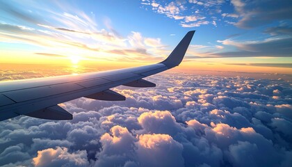 Obraz premium Airplane Wing Flying Above Clouds at Sunset.