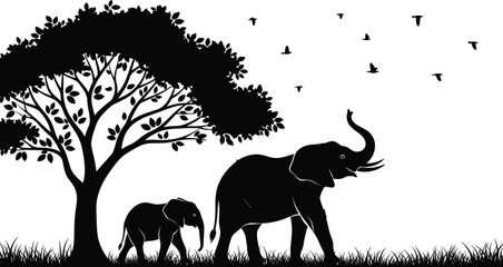 Elephant family silhouette with mother and calf walking in savanna safari landscape under large leafy tree with flying birds and grass field © MstRupali