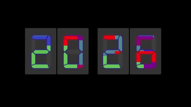 Futuristic glowing digital number 2026 displayed in LED style on black background. Modern countdown concept, New Year celebration theme, technology interface design with bright illuminated digits.