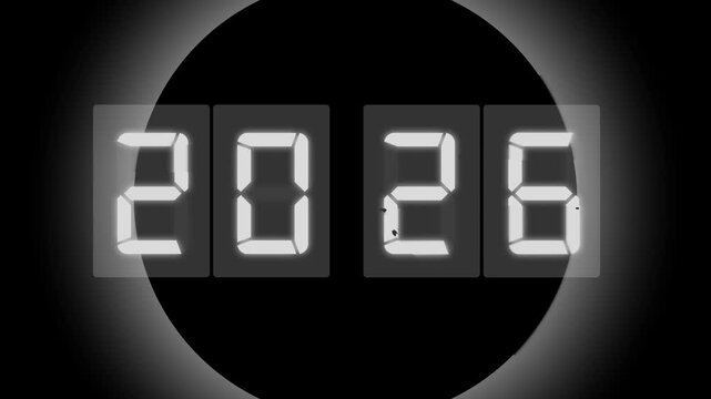 Futuristic glowing digital number 2026 displayed in LED style on black background. Modern countdown concept, New Year celebration theme, technology interface design with bright illuminated digits.
