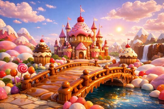 Vibrant fantasy scene of a whimsical candy castle with cupcake towers, lollipops and a glossy chocolate bridge over water at sunset, perfect for children?s stories and game art.