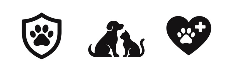 Set of three pet care icons featuring a paw print shield, a dog and cat silhouette, and a heart with a medical cross and paw print. © Lili