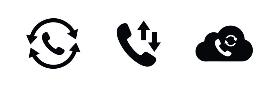 Black minimalist icons for call synchronization, incoming and outgoing calls, and cloud telephony services on a clean white background.
