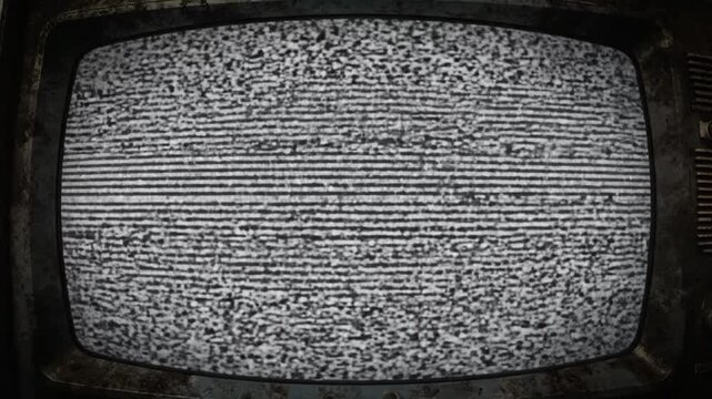 Close up static shot. CRT scanline texture on an old rusty television screen. Analogue noise and distortion. Retro broadcast signal loss.