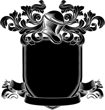 Coat of arms crest knight family medieval shield heraldry heraldic armorial motif. Featuring a knights helm helmet in a vintage etching engraving woodcut style 
