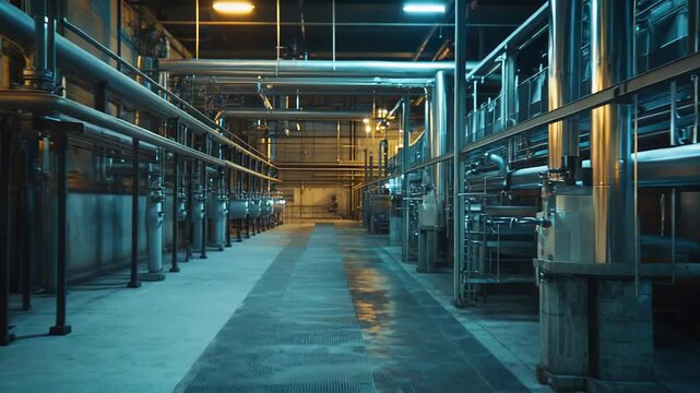 Industrial facility interior with complex metal pipes, valves and tanks lit by cool blue and warm orange light, showcasing modern manufacturing infrastructure and machinery