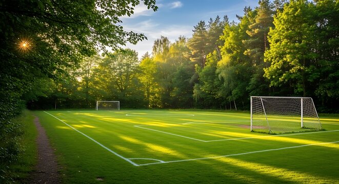 Green soccer field surrounded by trees under sunlight.
