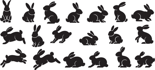 Fototapeta premium Various rabbit silhouettes in different poses collection, Different style of cute bunnies simple easter bunny, rabbit in different positions.