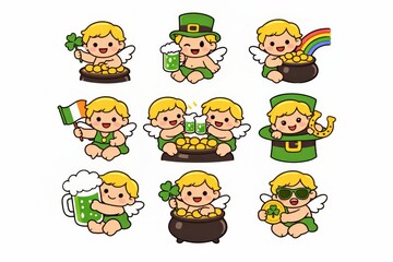 Fototapeta premium Cheerful set of cartoon baby angels dressed as leprechauns with shamrocks, gold coins, beer and rainbows, perfect for fun St Patricks Day stickers, cards and party decor.