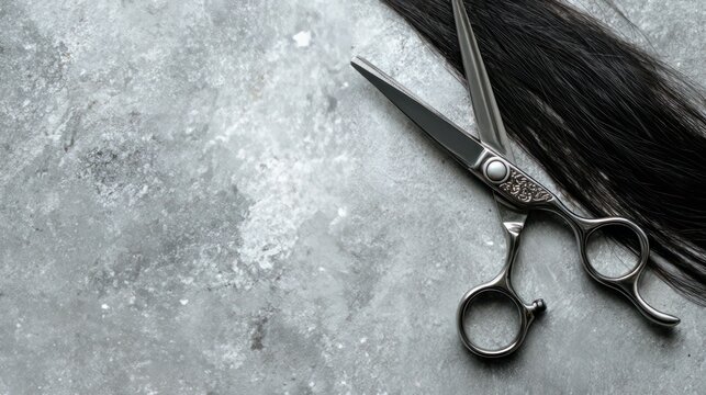 Single black hair lies with professional scissors on a pale grey surface, seen from above.