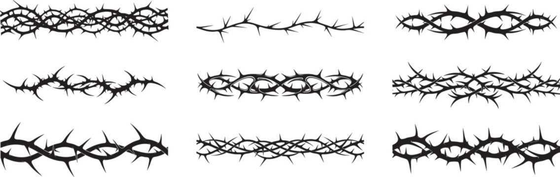 Thorn seamless pattern silhouette collection, crown of thorns flat vector design.
