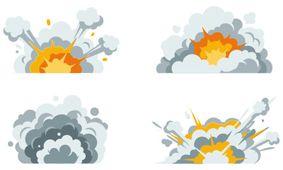 Obraz premium A dynamic illustration of explosion scenes with smoke and fire in various stages of eruption across a digital canvas.