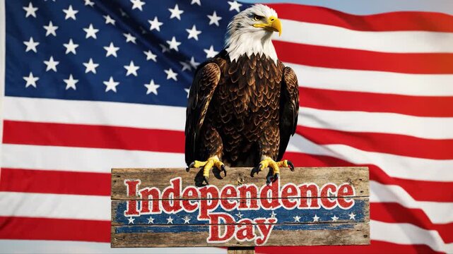 A realistic 3D animated bald eagle perched atop a rustic wooden sign that reads "Independence Day." The background features a waving American flag, creating a powerful patriotic visual for 4th of July