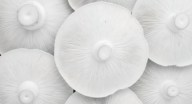 Macro texture of white mushroom gills and caps pattern for natural background