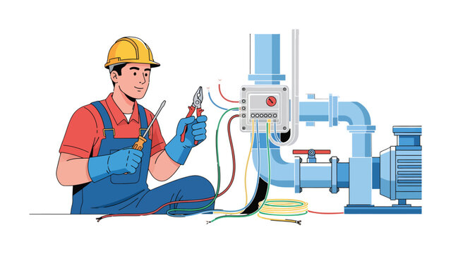 Precision and Expertise: An electrician, focused on his craft, meticulously works on electrical wires and equipment, embodying skill and precision in his trade.