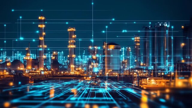 Industrial complex at night with data overlay for energy and technology