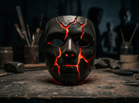 Black mask with cracks and glowing orange light sits on a wooden workbench surrounded by tools and blurred figures in the background, symbolizing inner tension, transformation, and hidden instability