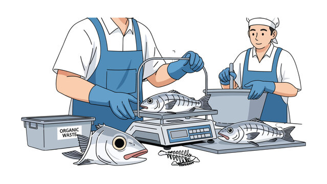 Fresh Fish Processing: A scene of meticulous fish processing with workers handling and weighing fresh fish, preparing them for market or consumption. Depicting a clean.