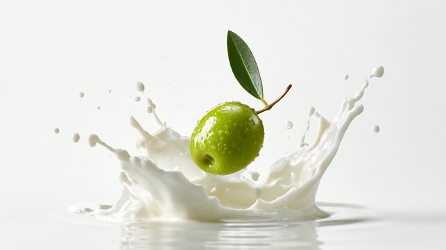Green olive with a leaf splashes into a pool of milk, creating a dynamic splash effect against a clean white background