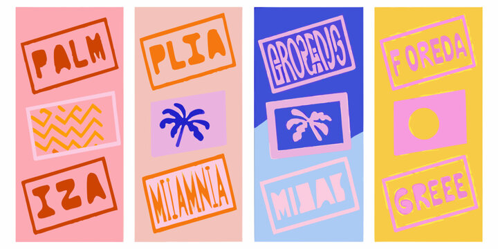 Colorful vertical banners display travel destinations with graphic elements