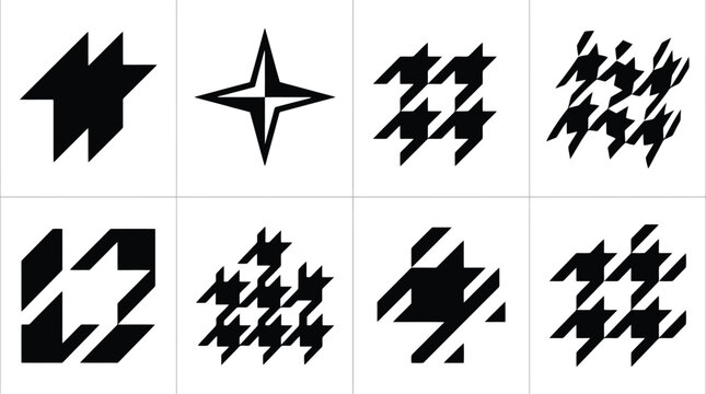 Eight Black Geometric Patterns and Houndstooth Designs on White Background vector illustration