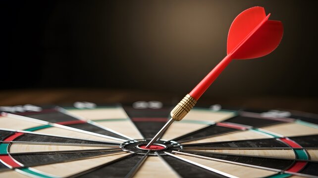 Close-up of red dart hitting bullseye on target board with dramatic lighting for competition and success concept